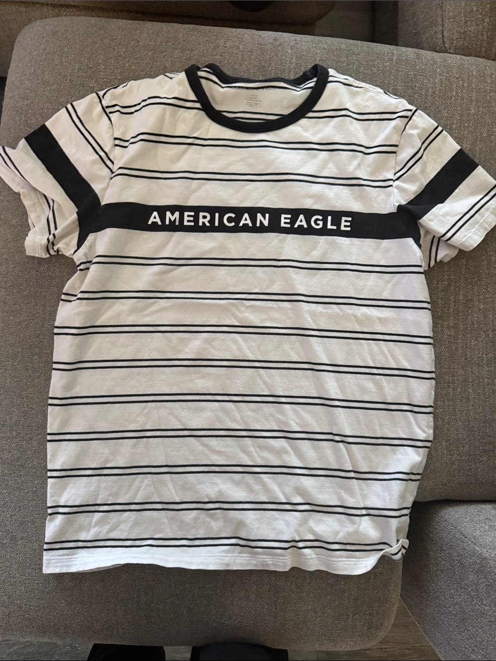 American Eagle Outfitters White and Black Striped Logo Crewneck Tee